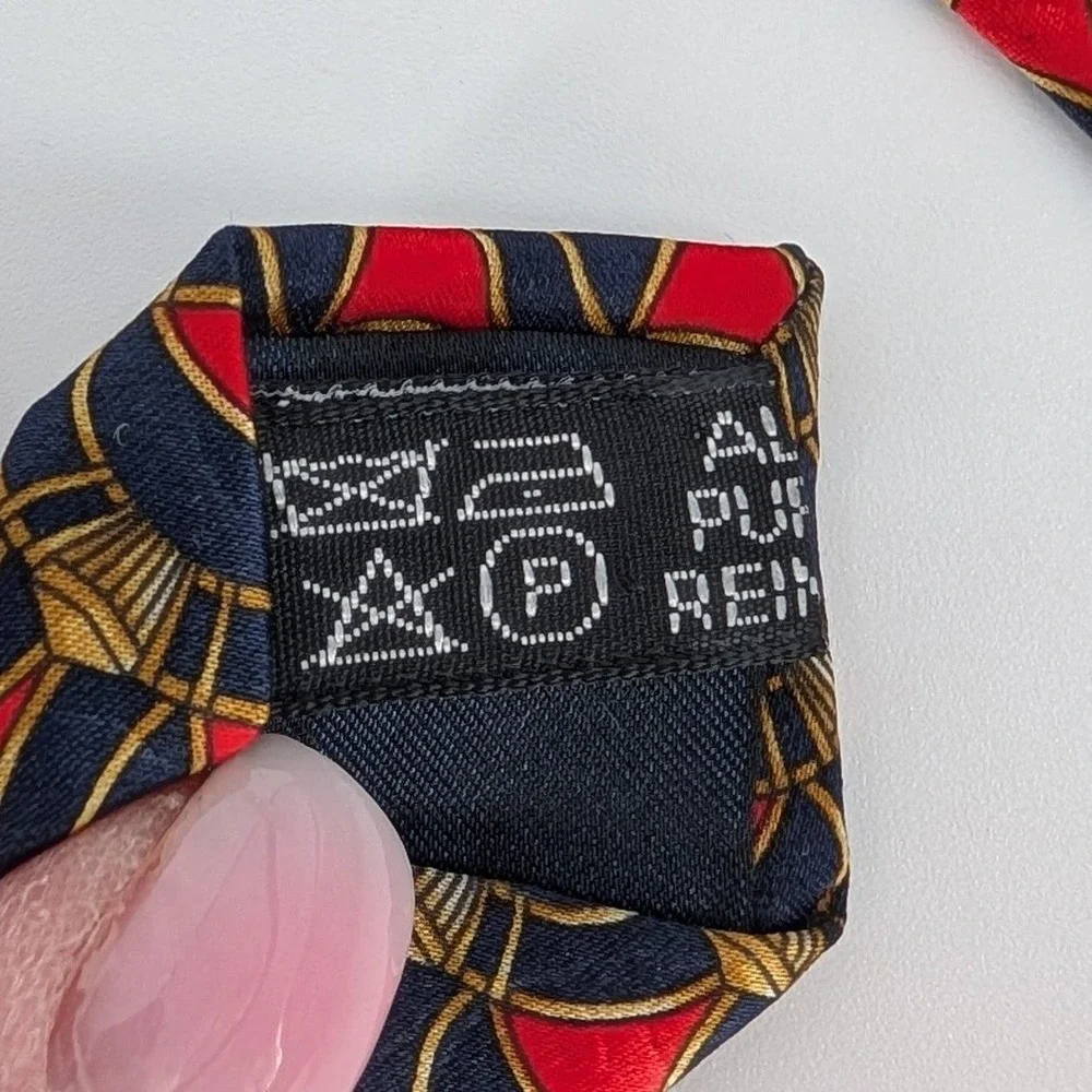 Lanvin Paris Silk Necktie Mens VTG Red Blue Gold Art Deco Scallop Made in France